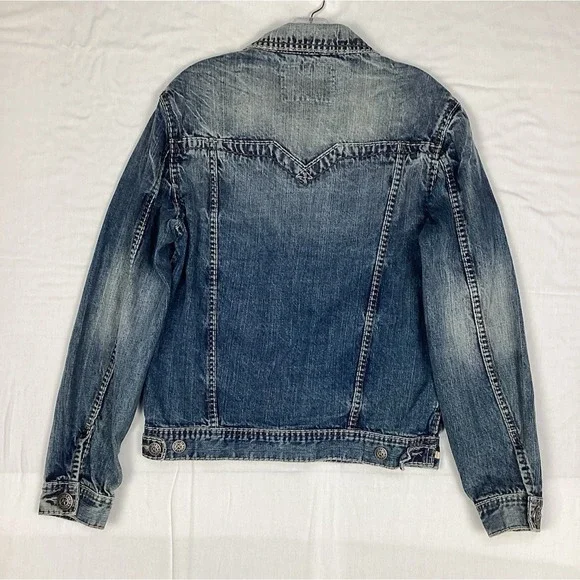Rivet de Cru Classic Denim Jacket Long Sleeve Button Distressed Men's Small, NWT - Picture 2 of 11